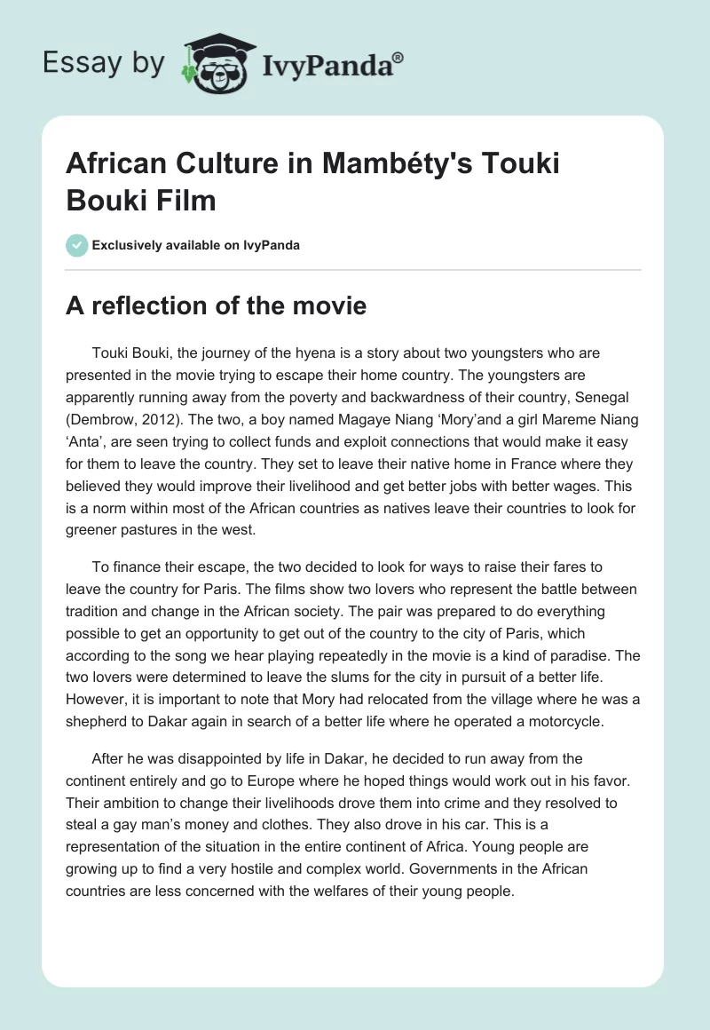 African Culture in Mambéty's "Touki Bouki" Film. Page 1