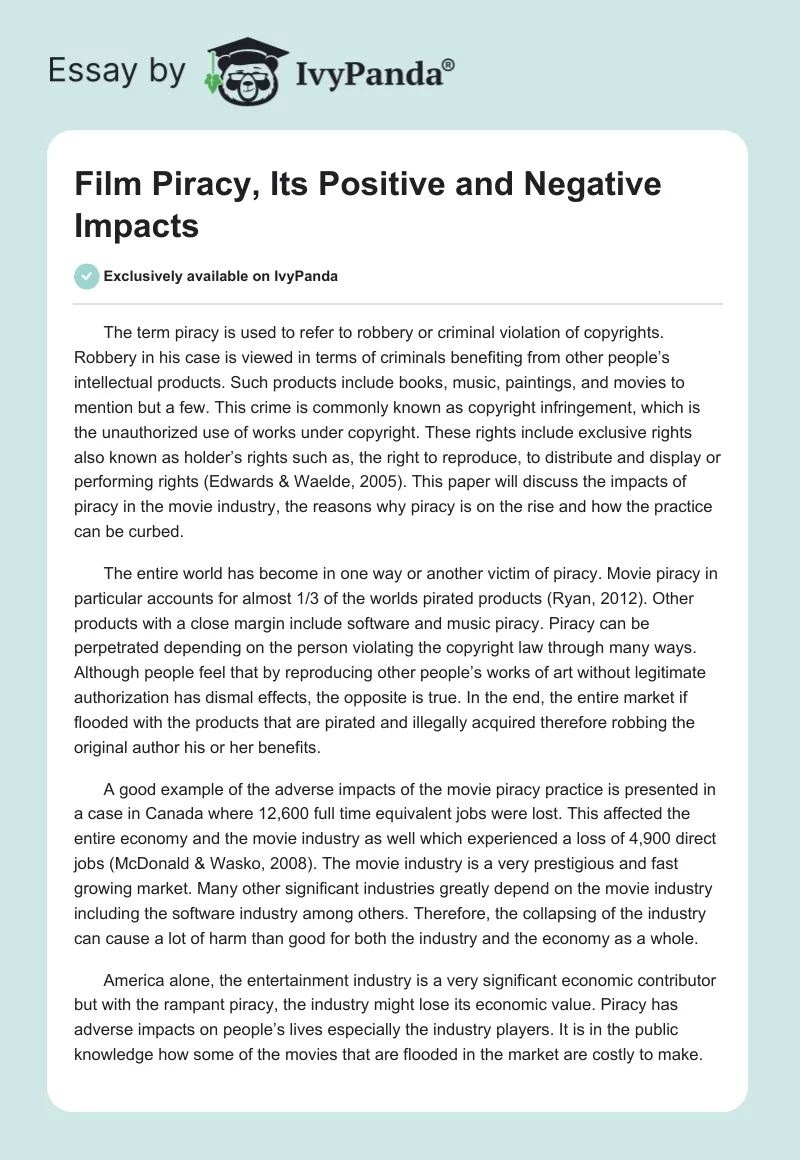 Film Piracy, Its Positive and Negative Impacts. Page 1