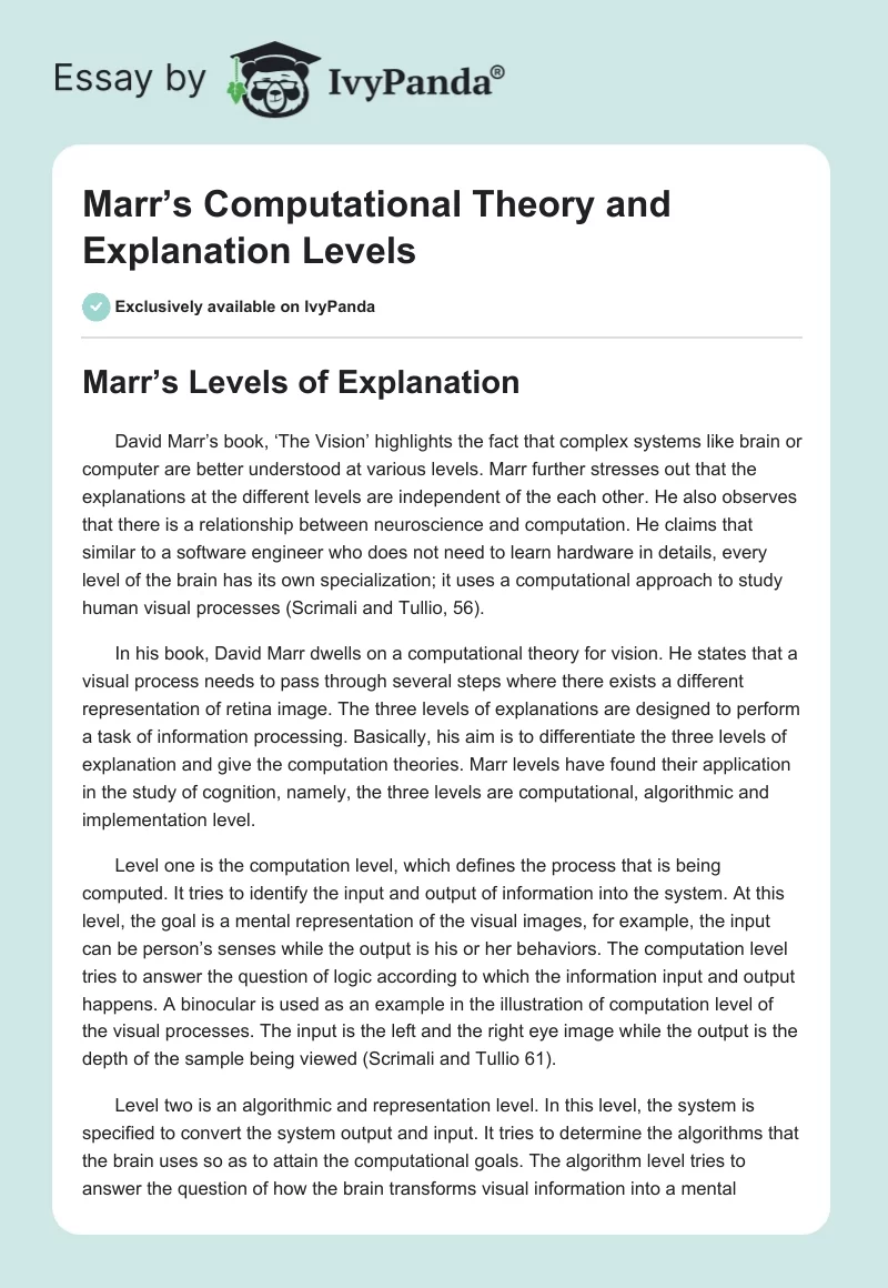 Marr’s Computational Theory and Explanation Levels. Page 1