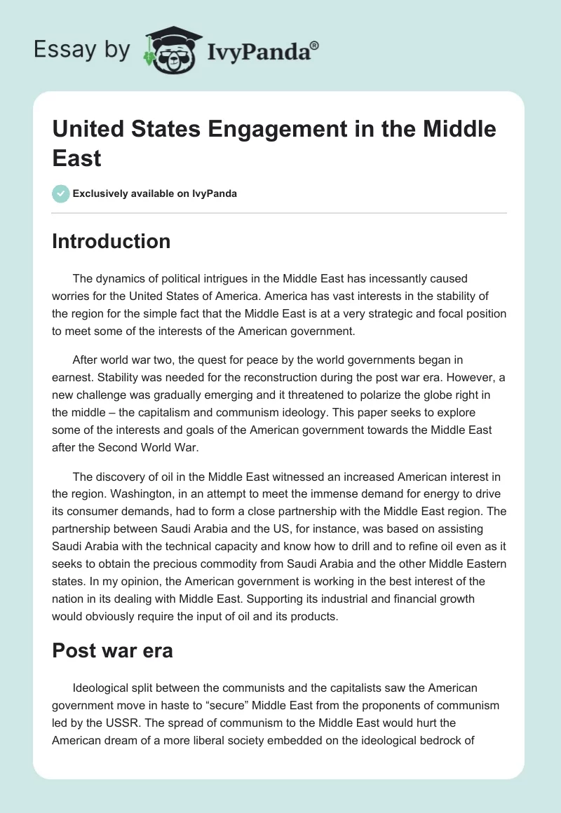 United States Engagement in the Middle East. Page 1