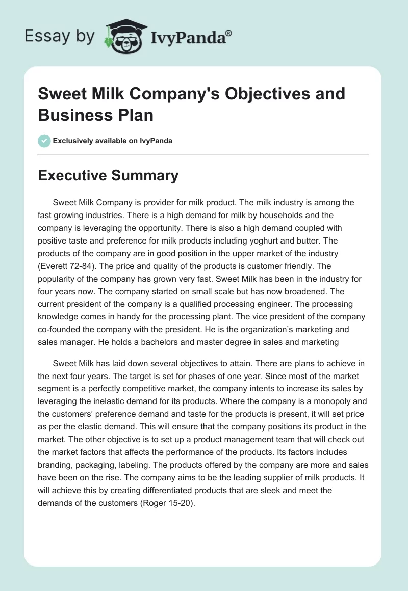 Sweet Milk Company's Objectives and Business Plan. Page 1