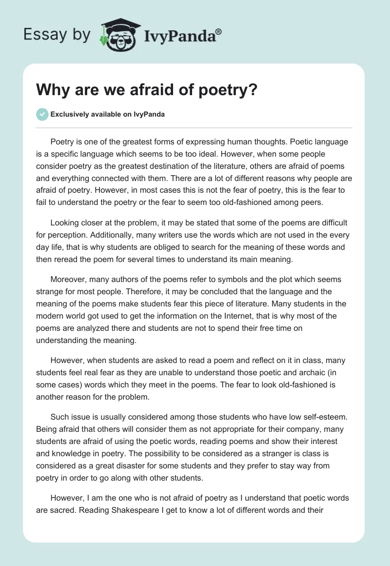 Why Are We Afraid Of Poetry Words Essay Example