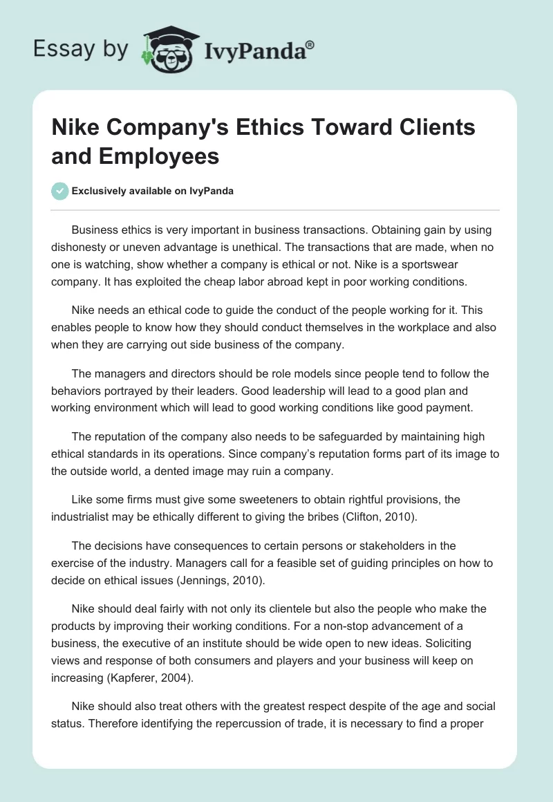 Nike Company's Ethics Toward Clients and Employees. Page 1