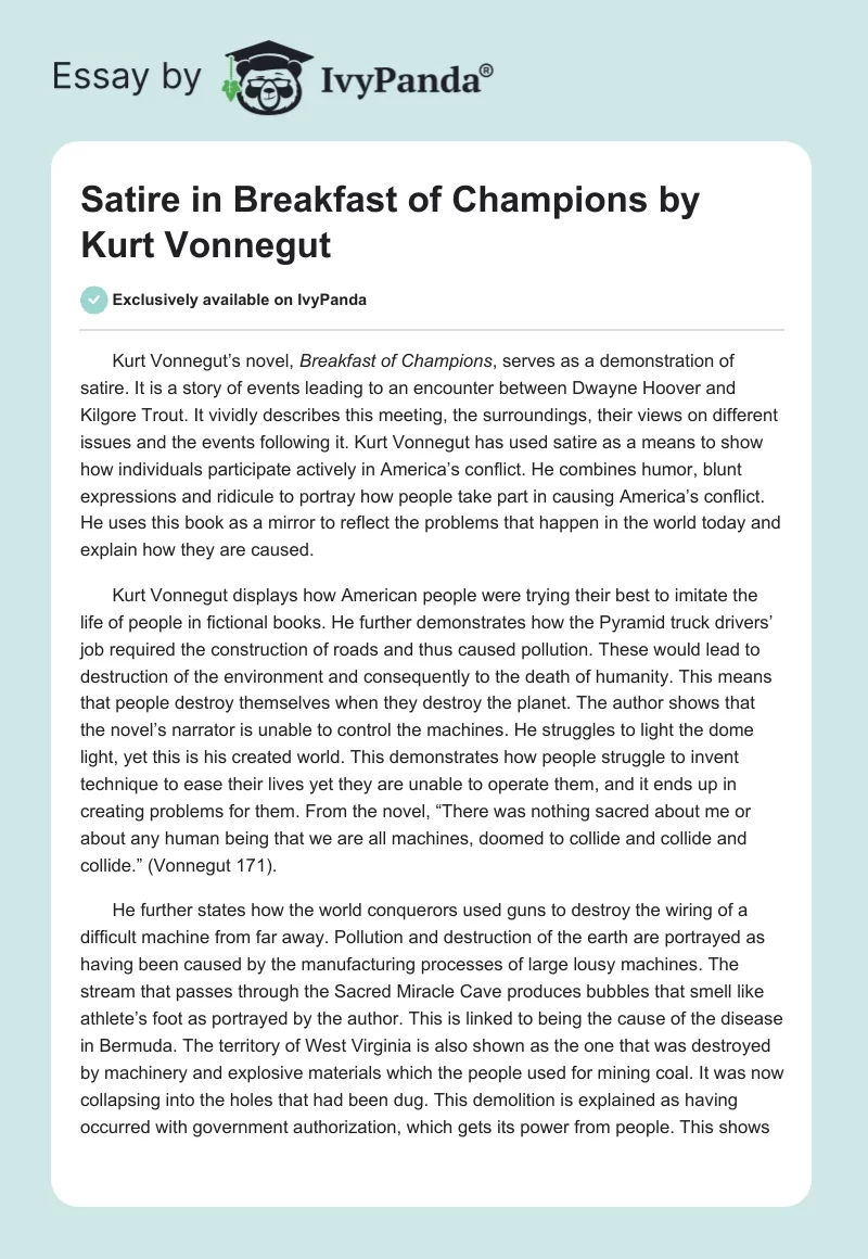 Satire in "Breakfast of Champions" by Kurt Vonnegut. Page 1