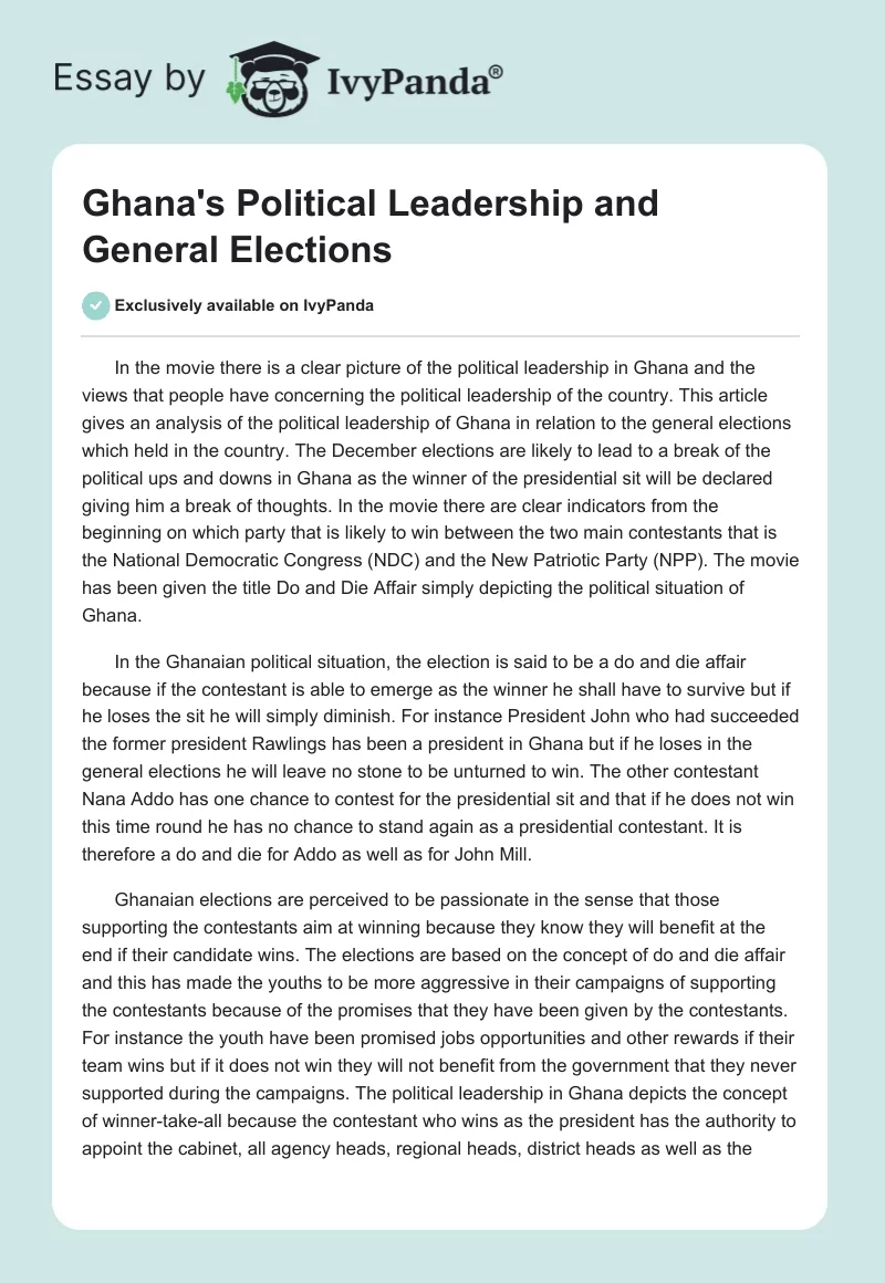 Ghana's Political Leadership and General Elections. Page 1