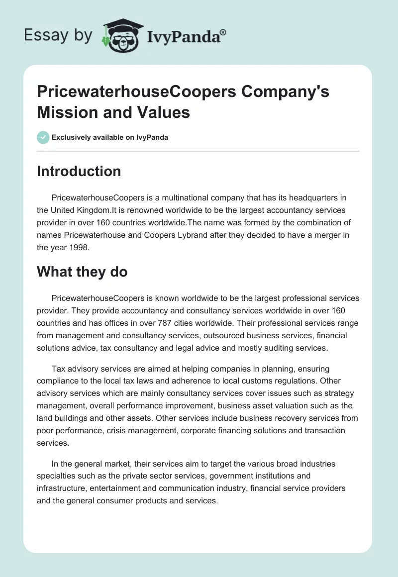 PricewaterhouseCoopers Company's Mission and Values. Page 1