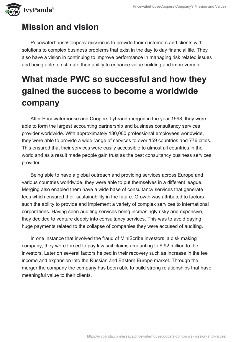 PricewaterhouseCoopers Company's Mission and Values. Page 2