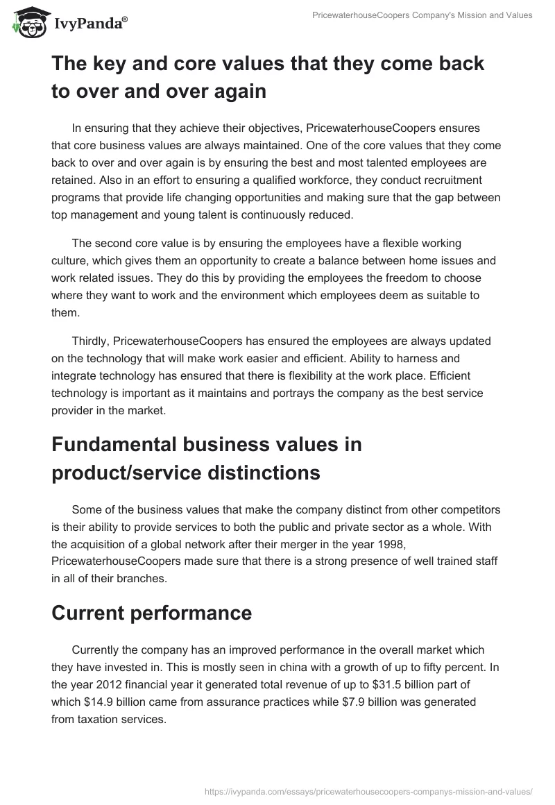 PricewaterhouseCoopers Company's Mission and Values. Page 3