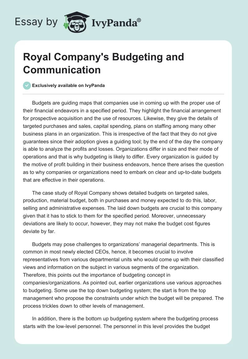 Royal Company's Budgeting and Communication. Page 1