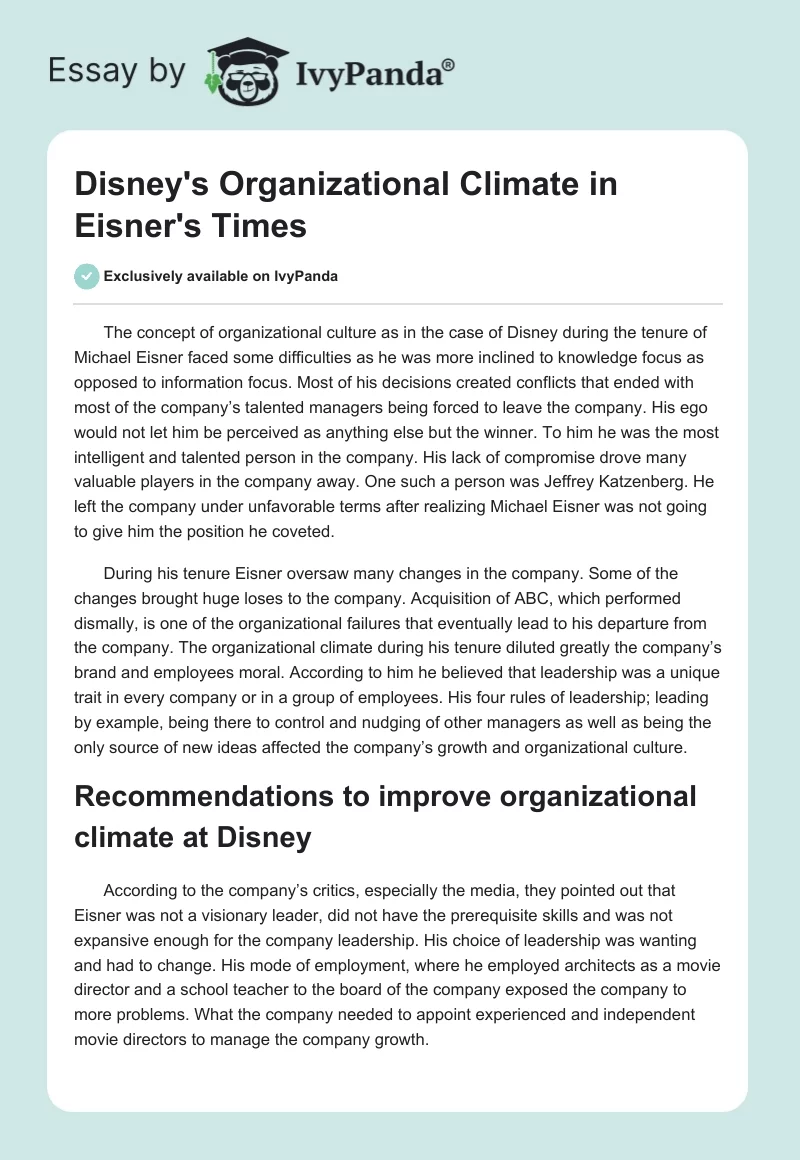 Disney's Organizational Climate in Eisner's Times. Page 1