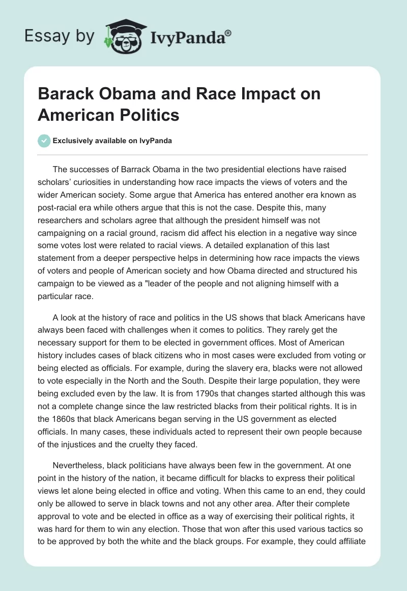 Barack Obama and Race Impact on American Politics. Page 1