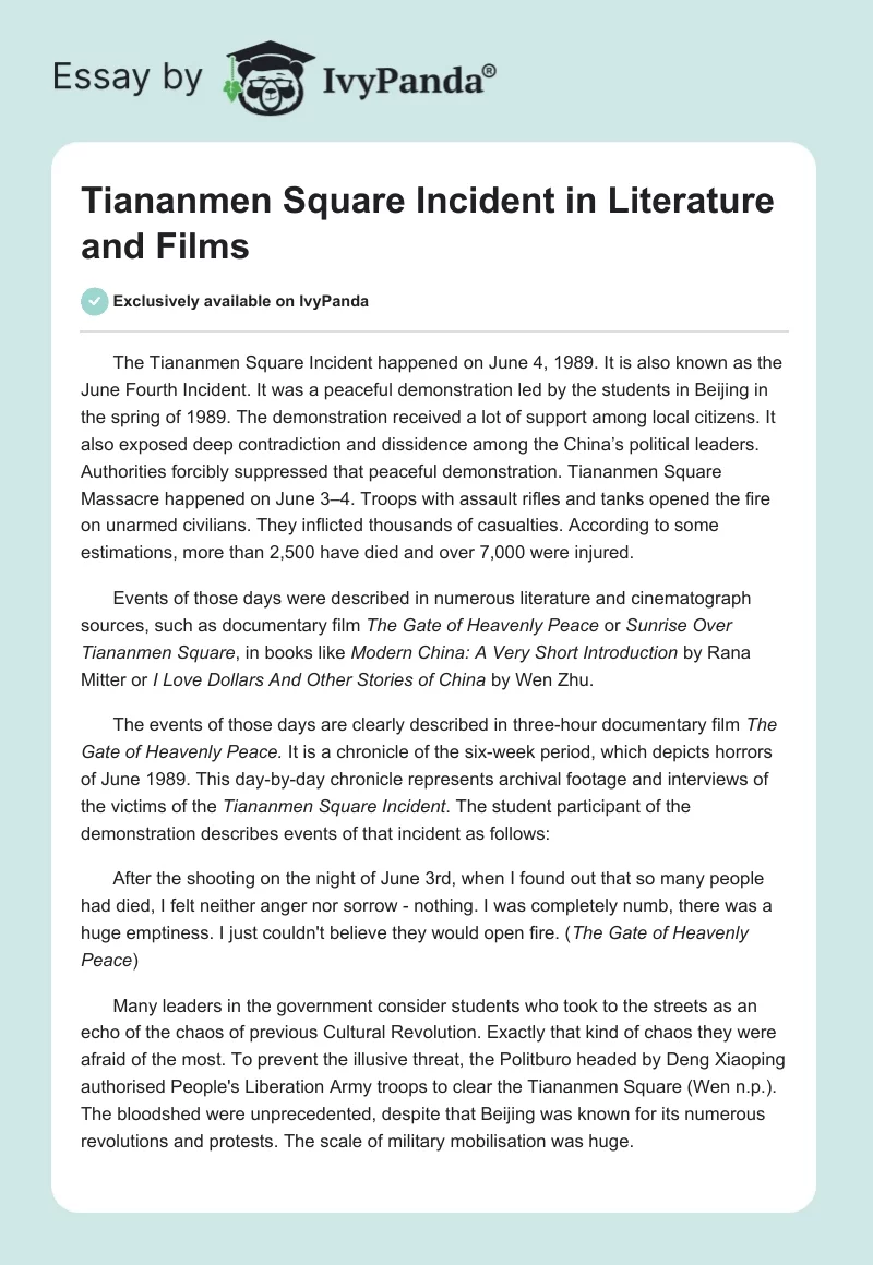 Tiananmen Square Incident in Literature and Films. Page 1
