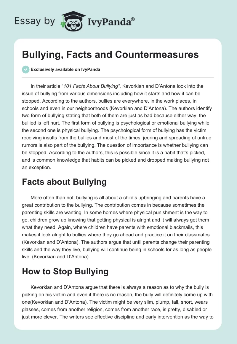 Bullying, Facts and Countermeasures. Page 1