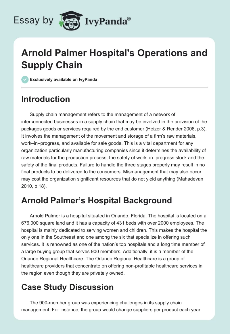 Arnold Palmer Hospital's Operations and Supply Chain. Page 1