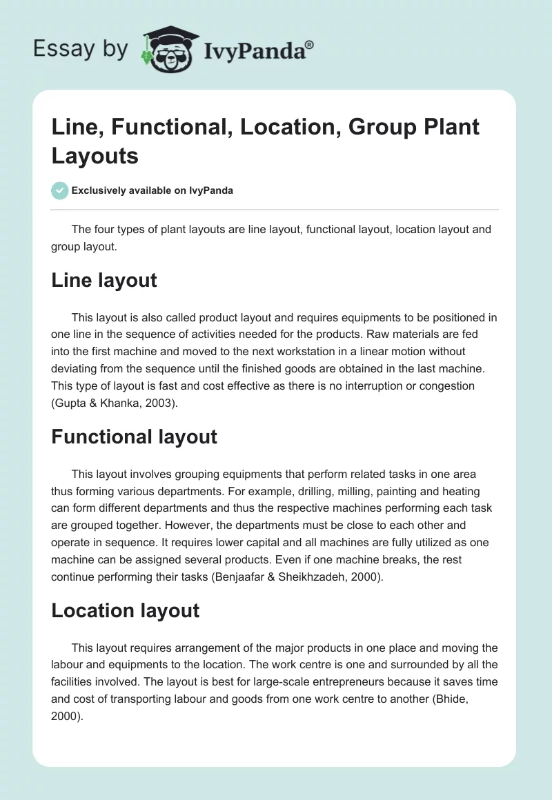 Line, Functional, Location, Group Plant Layouts. Page 1
