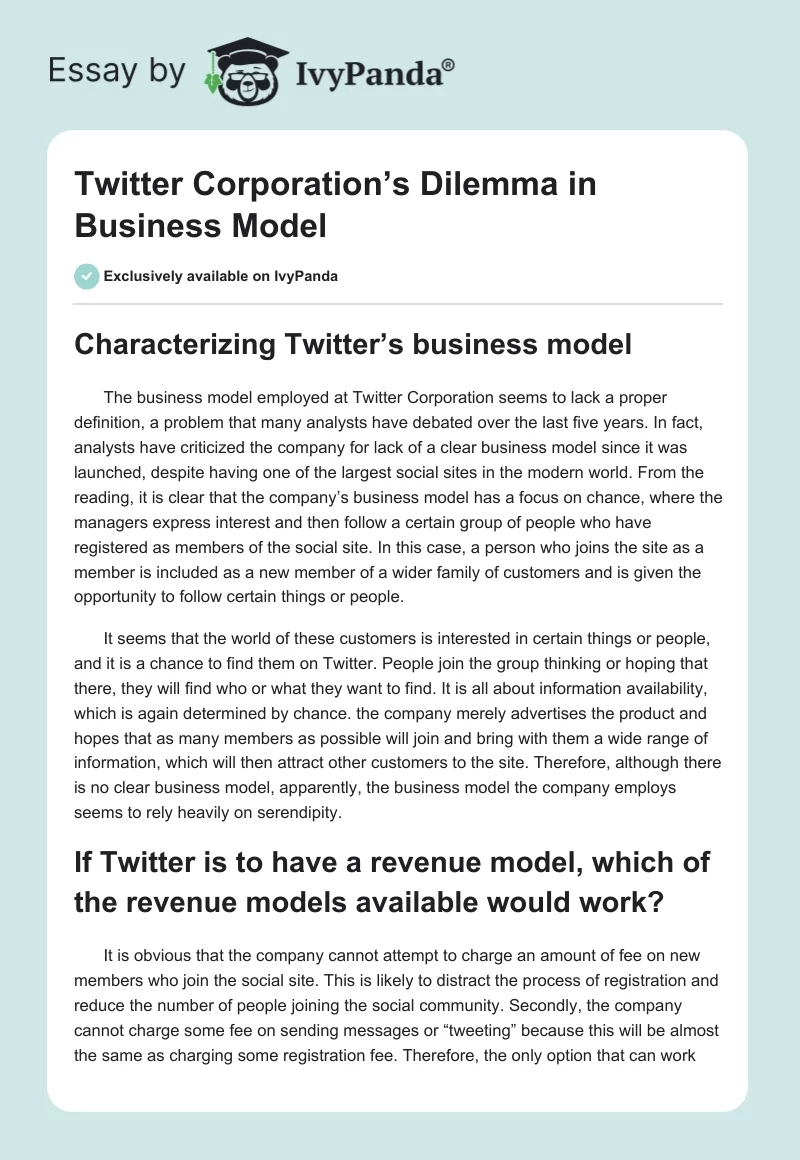 Twitter Corporation’s Dilemma in Business Model. Page 1