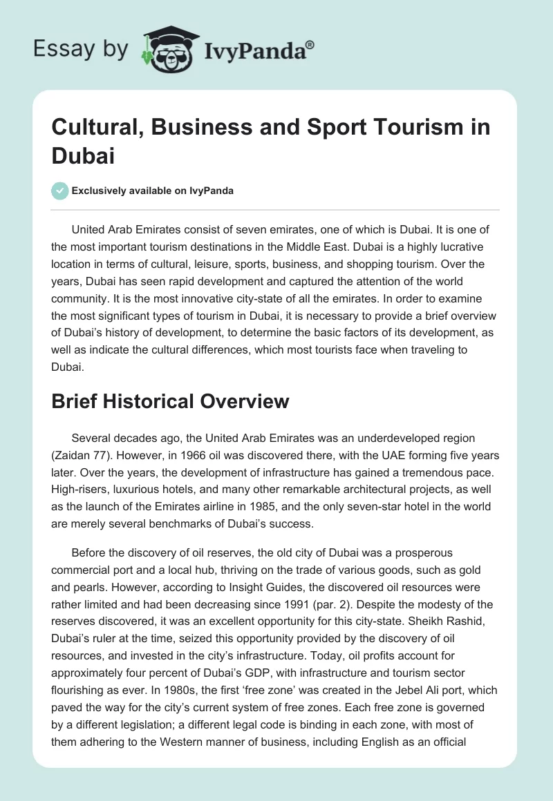 Cultural, Business and Sport Tourism in Dubai. Page 1