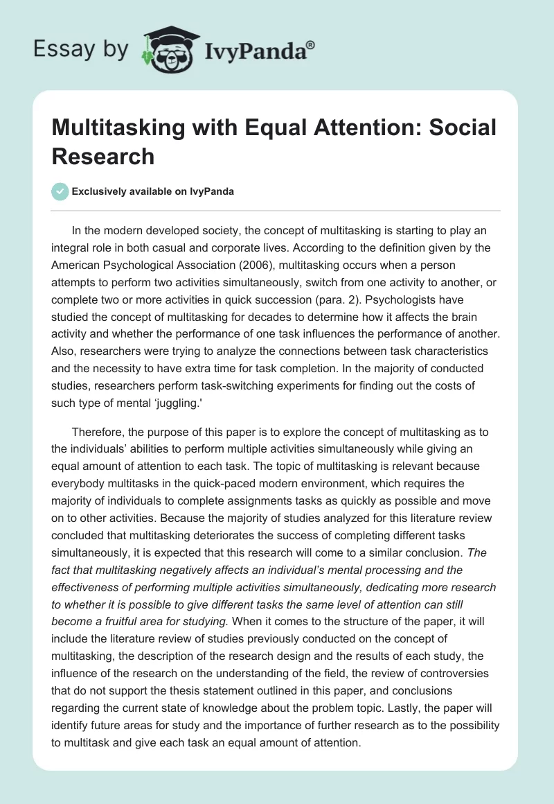 Multitasking with Equal Attention: Social Research. Page 1