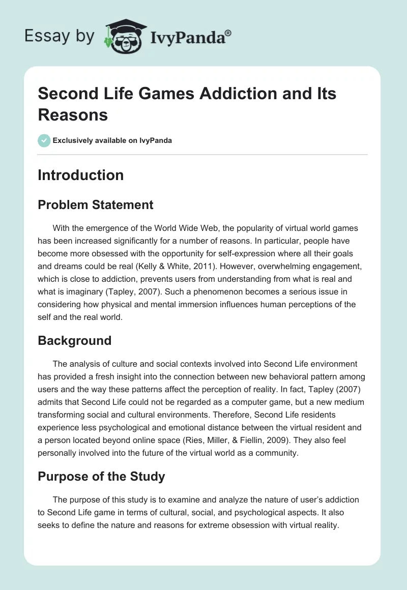 Second Life Games Addiction and Its Reasons. Page 1