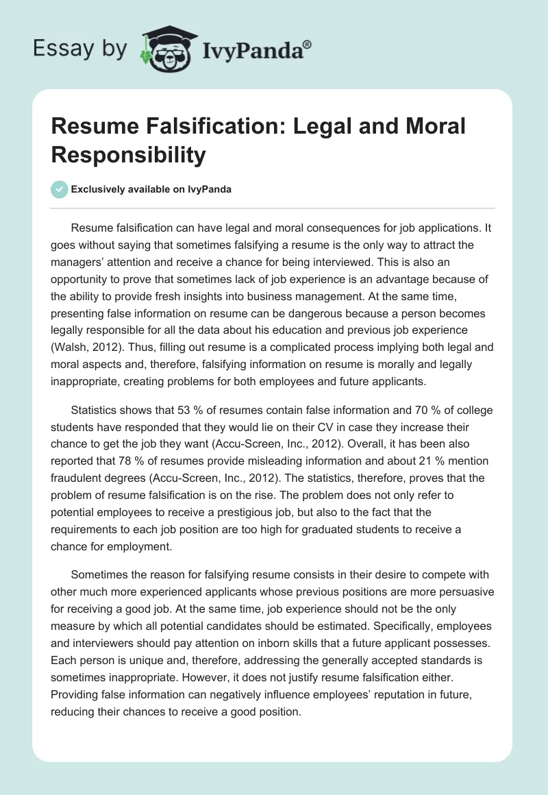 Resume Falsification: Legal and Moral Responsibility. Page 1