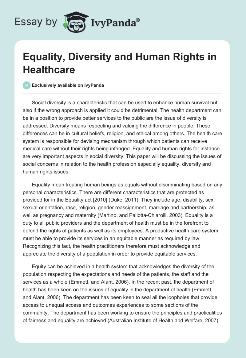 Equality, Diversity and Human Rights in Healthcare. Page 1
