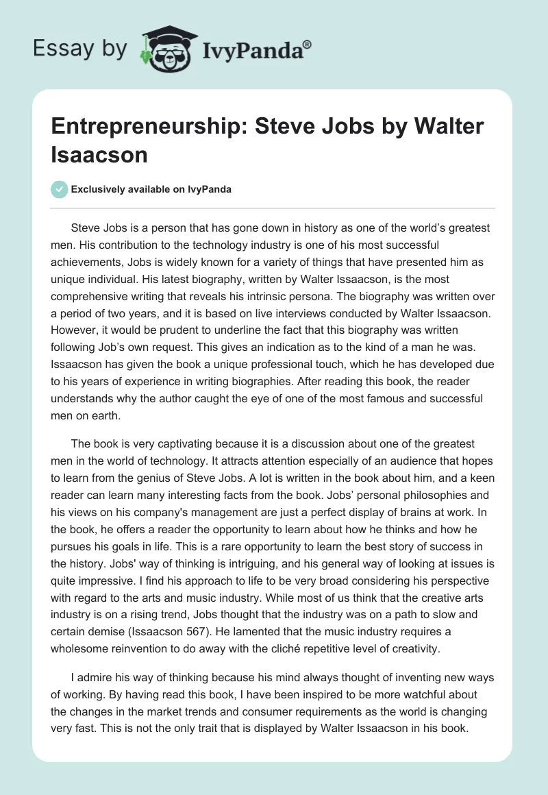 Entrepreneurship: "Steve Jobs" by Walter Isaacson. Page 1