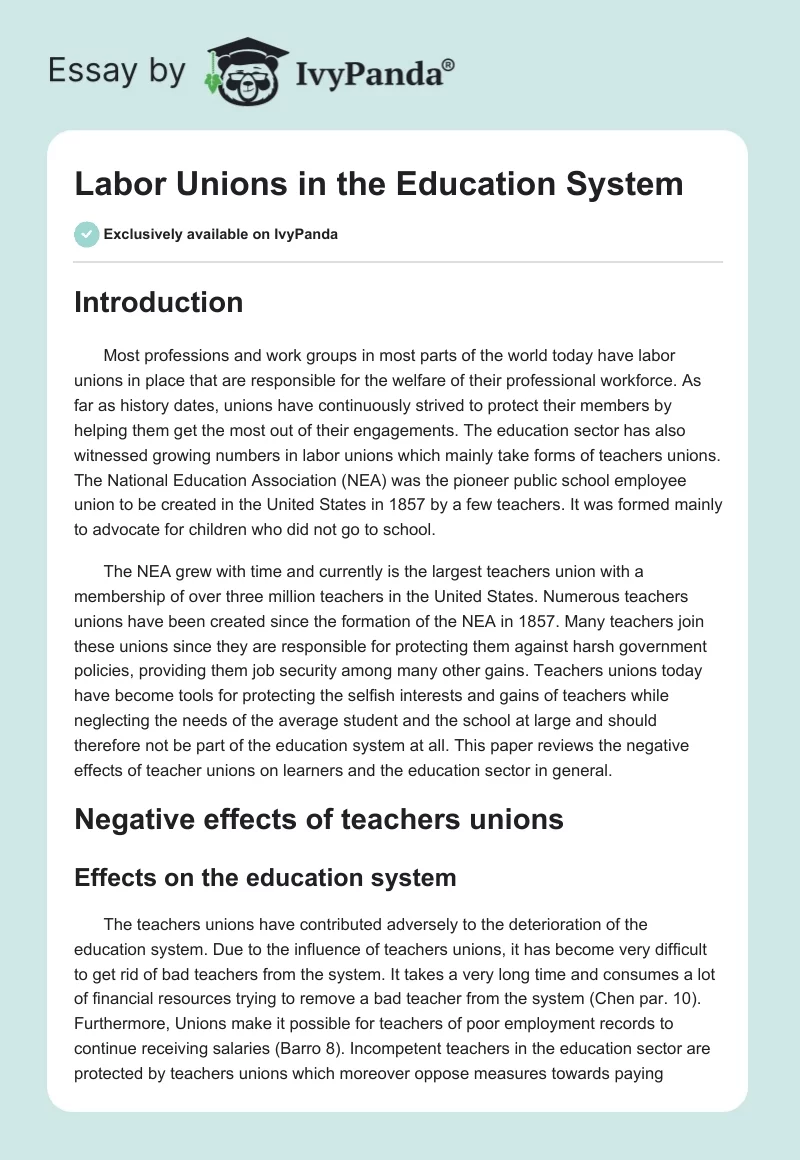 Labor Unions in the Education System. Page 1