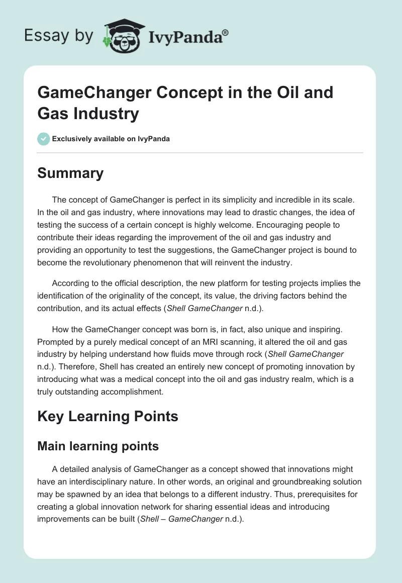 GameChanger Concept in the Oil and Gas Industry. Page 1