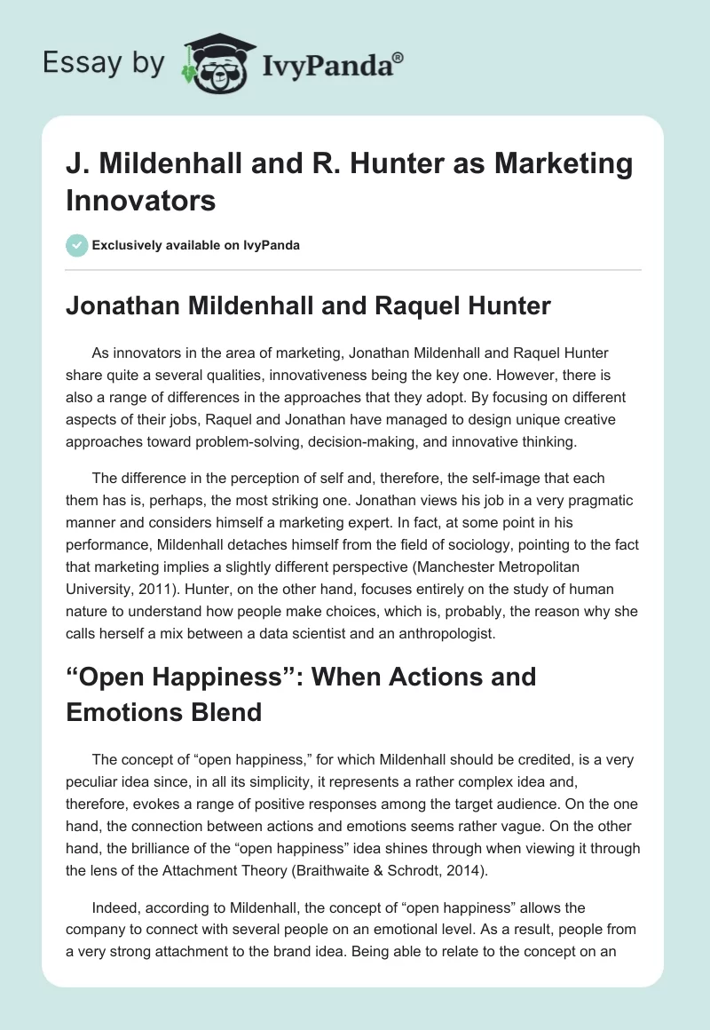 J. Mildenhall and R. Hunter as Marketing Innovators. Page 1