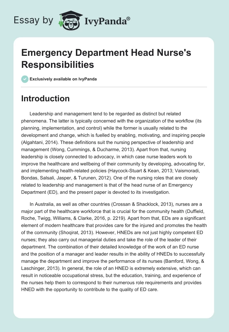 Emergency Department Head Nurse's Responsibilities. Page 1