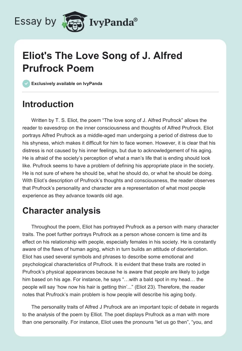 Eliot's "The Love Song of J. Alfred Prufrock" Poem. Page 1
