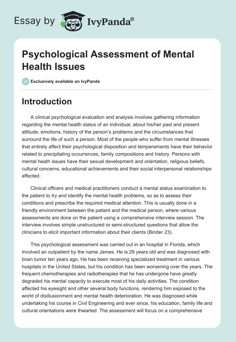 Psychological Assessment of Mental Health Issues. Page 1