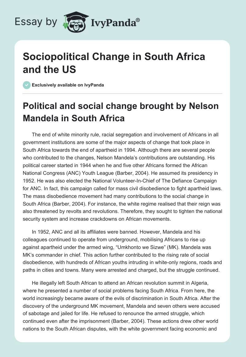 Sociopolitical Change in South Africa and the US. Page 1