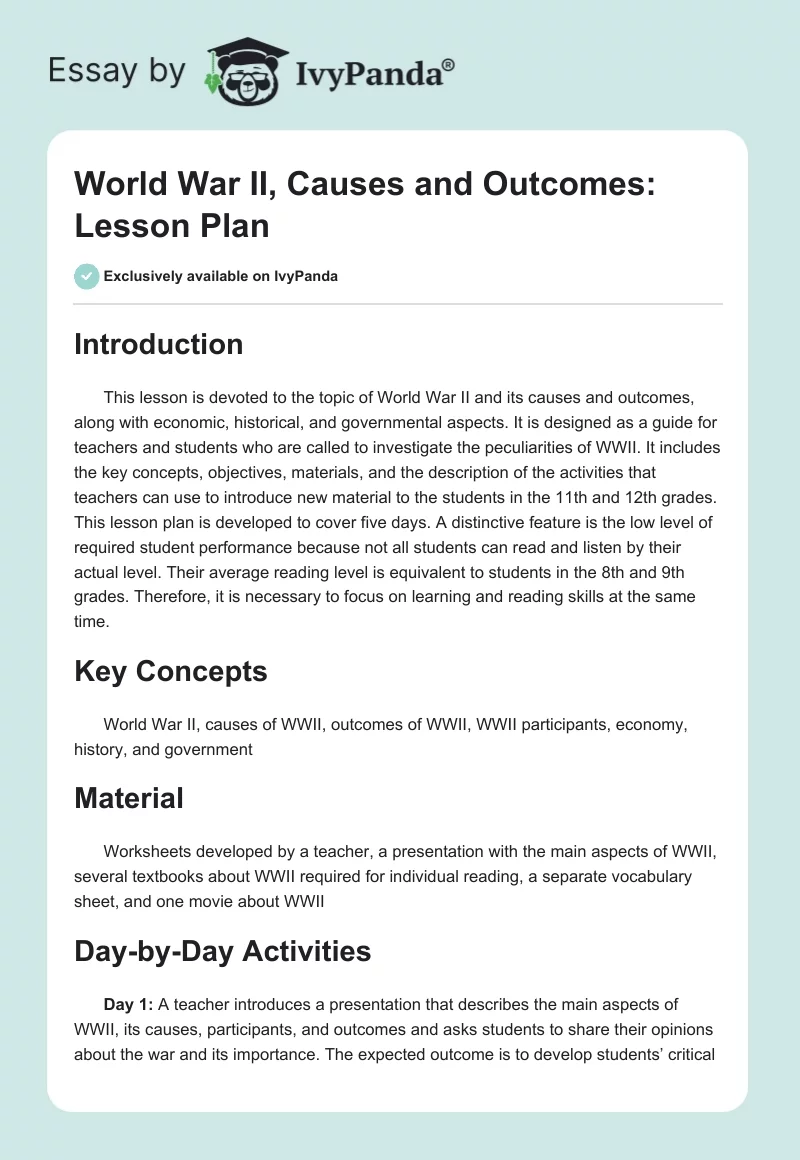 World War II, Causes and Outcomes: Lesson Plan. Page 1