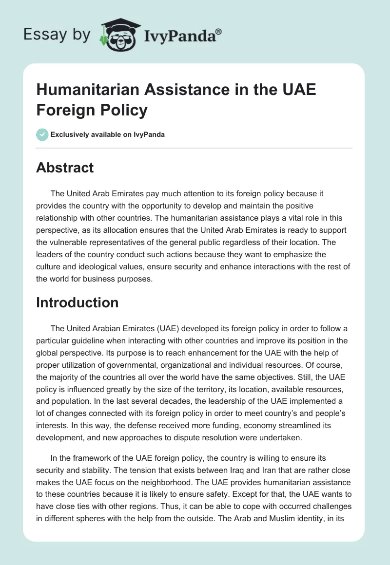 Humanitarian Assistance in the UAE Foreign Policy. Page 1