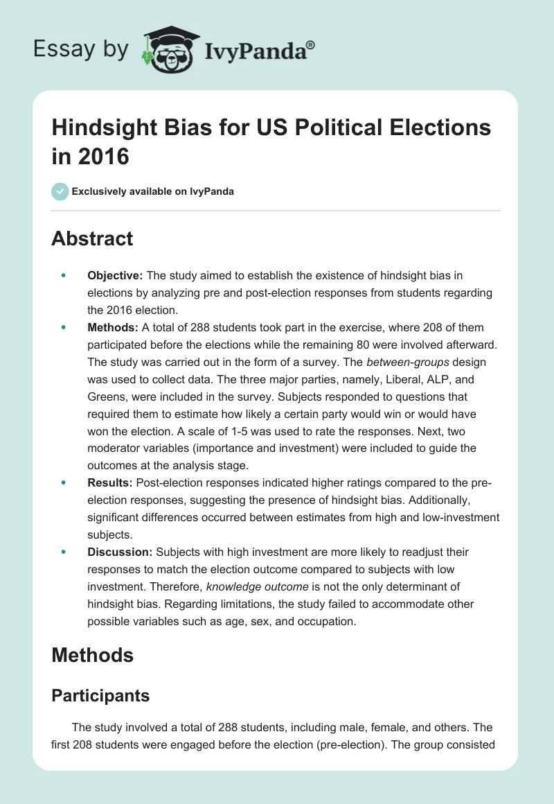 Hindsight Bias for US Political Elections in 2016. Page 1