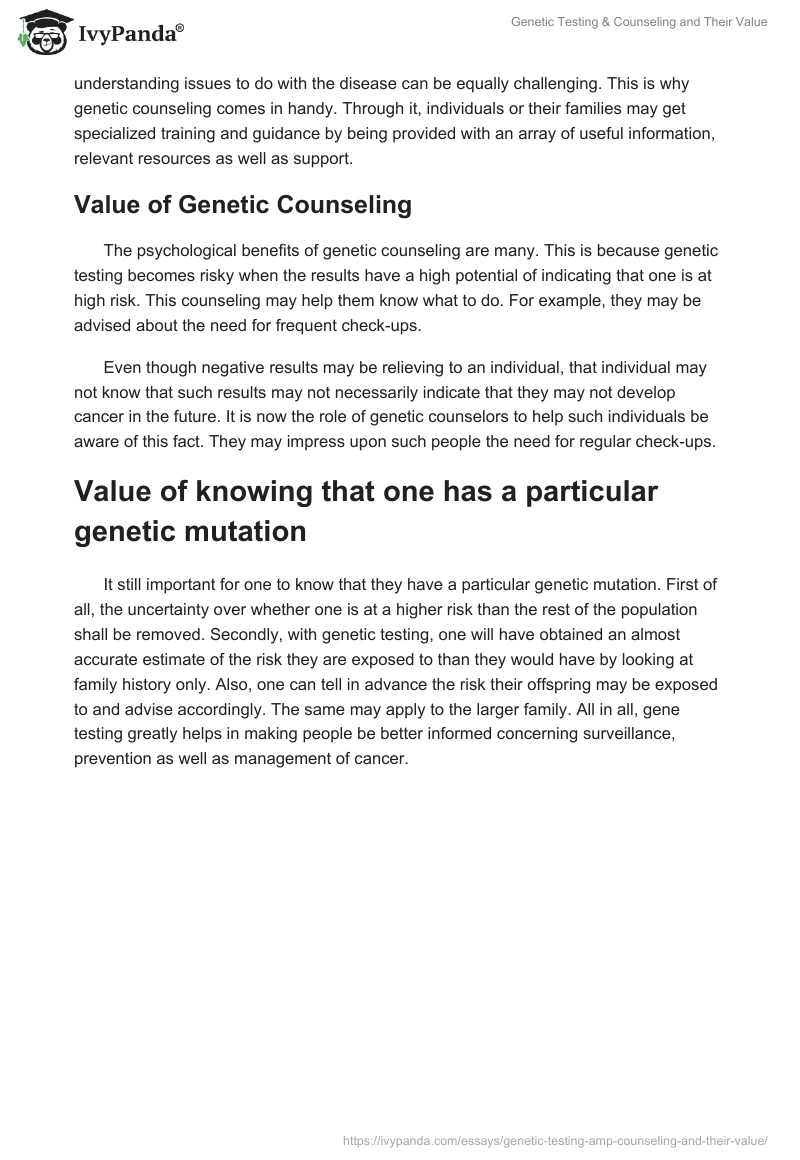 Genetic Testing & Counseling and Their Value. Page 2