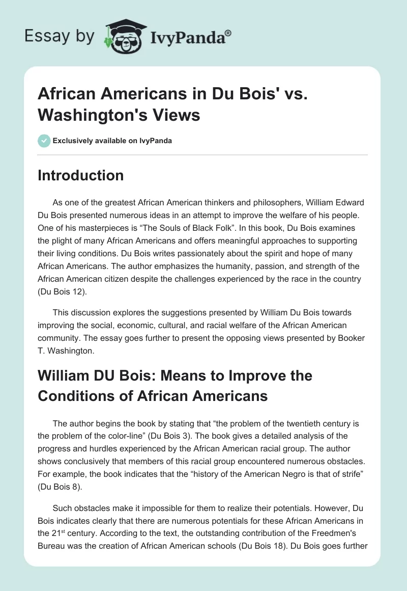 African Americans in Du Bois' vs. Washington's Views. Page 1
