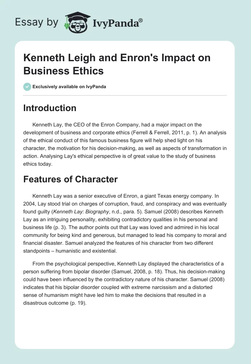 Kenneth Leigh and Enron's Impact on Business Ethics. Page 1