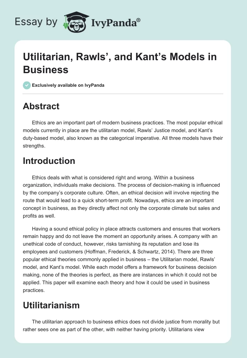Utilitarian, Rawls’, and Kant’s Models in Business. Page 1