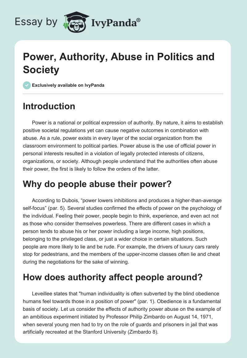 Power, Authority, Abuse in Politics and Society. Page 1