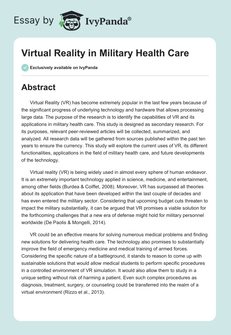 Virtual Reality in Military Health Care. Page 1