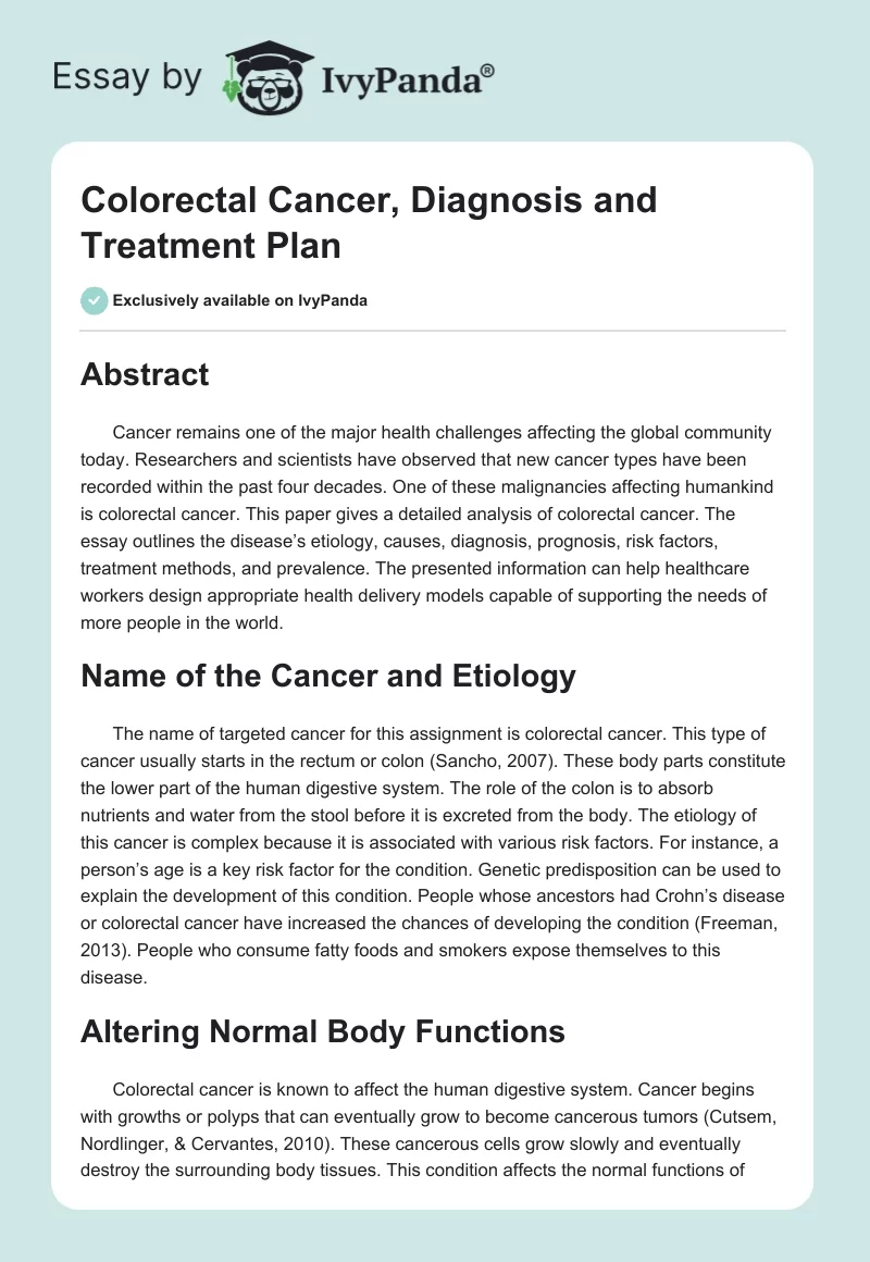 Colorectal Cancer, Diagnosis and Treatment Plan. Page 1