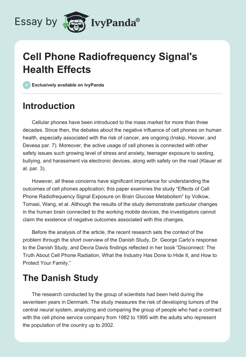 Cell Phone Radiofrequency Signal's Health Effects. Page 1