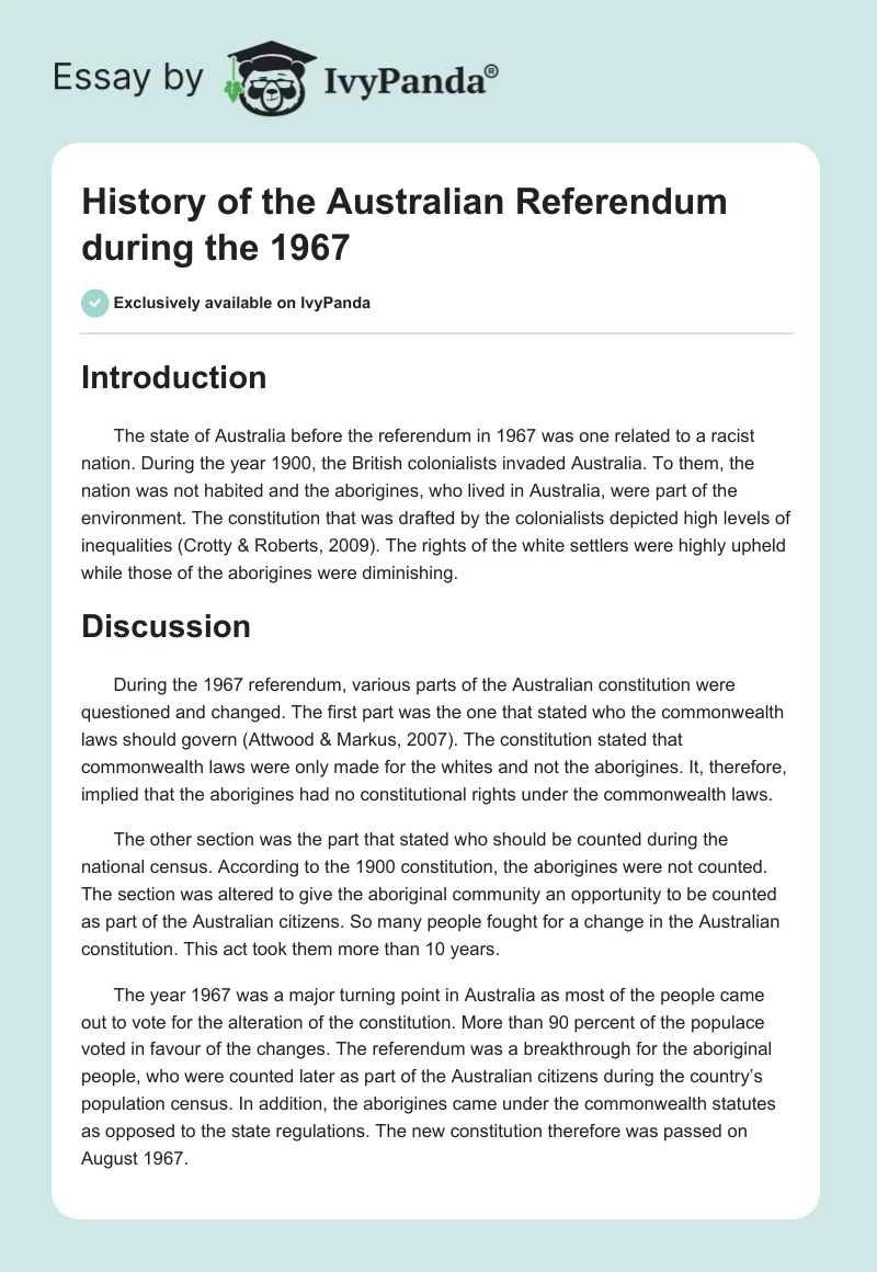 History of the Australian Referendum During the 1967. Page 1
