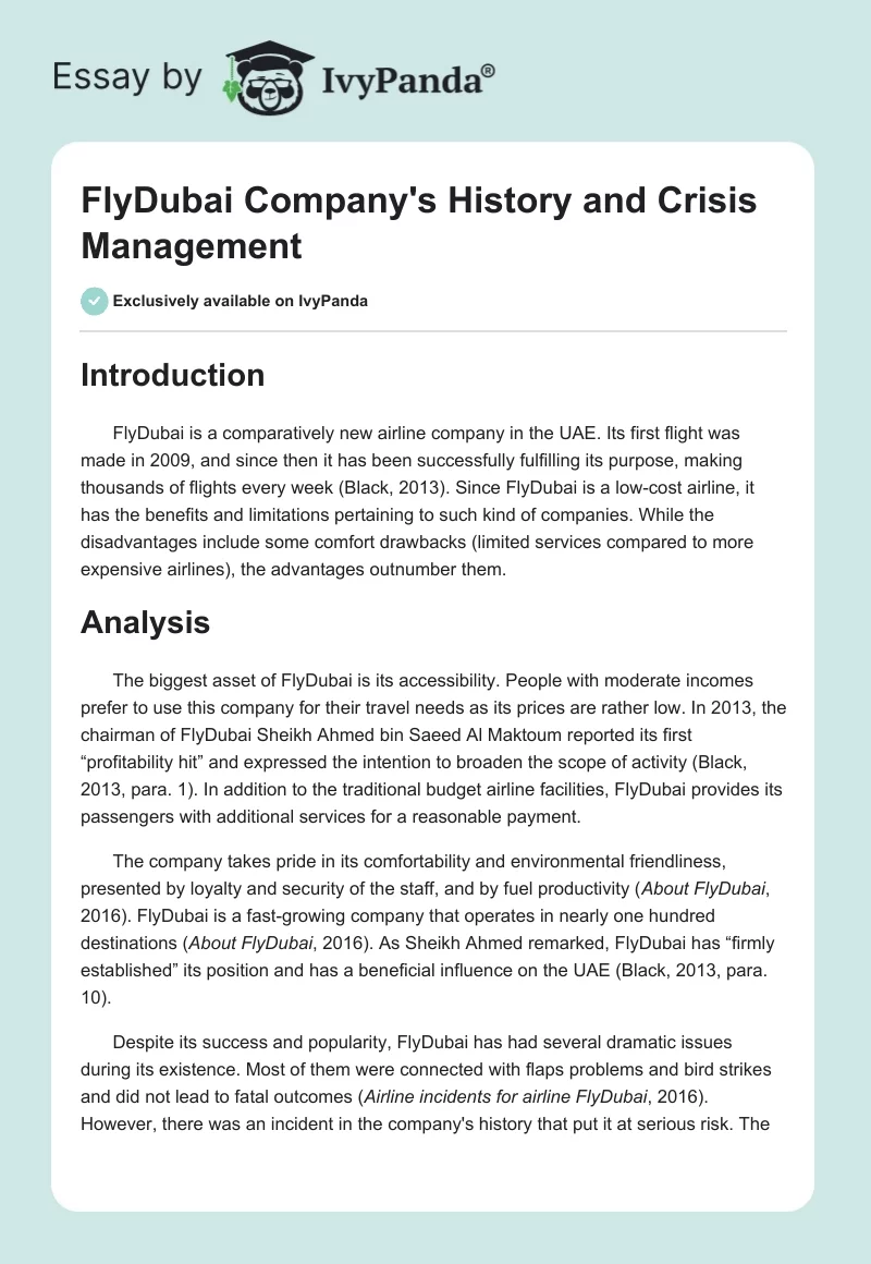 FlyDubai Company's History and Crisis Management. Page 1