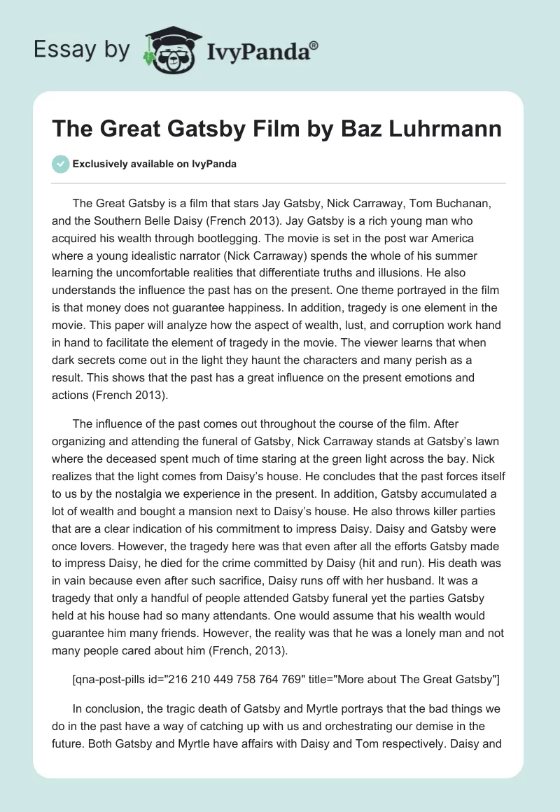 "The Great Gatsby" Film by Baz Luhrmann. Page 1