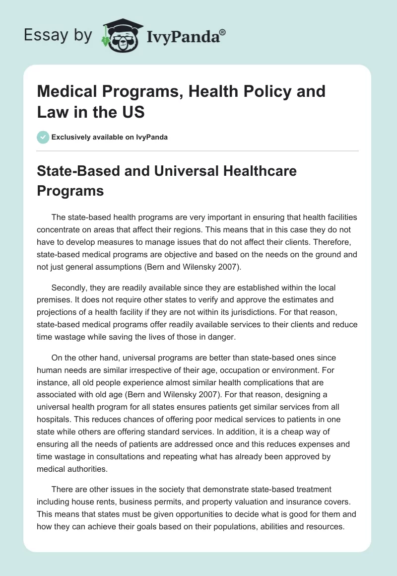 Medical Programs, Health Policy and Law in the US. Page 1