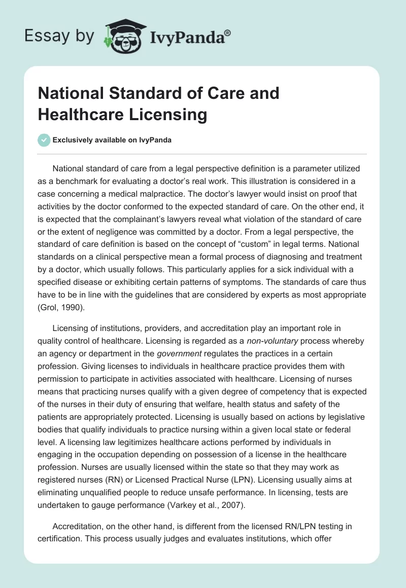 National Standard of Care and Healthcare Licensing. Page 1