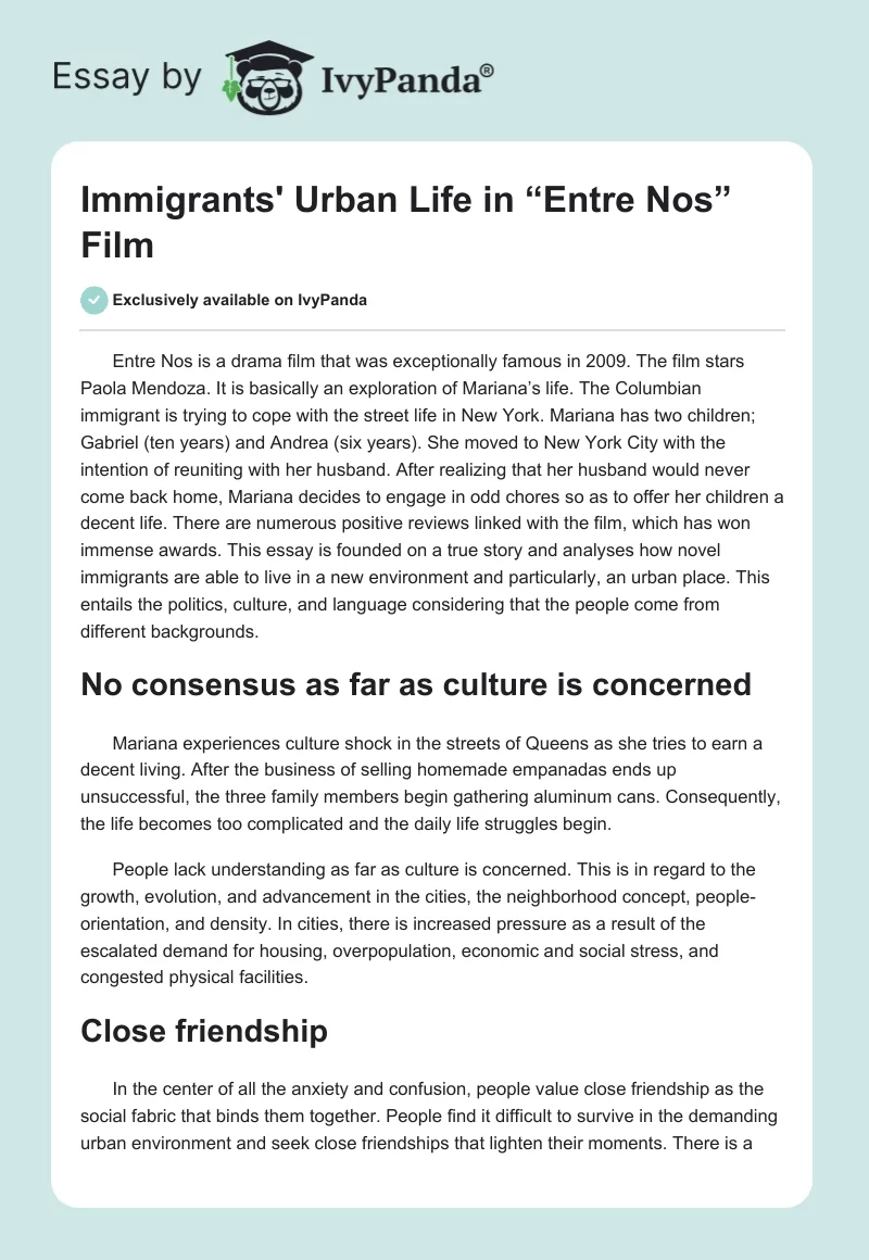 Immigrants' Urban Life in “Entre Nos” Film. Page 1